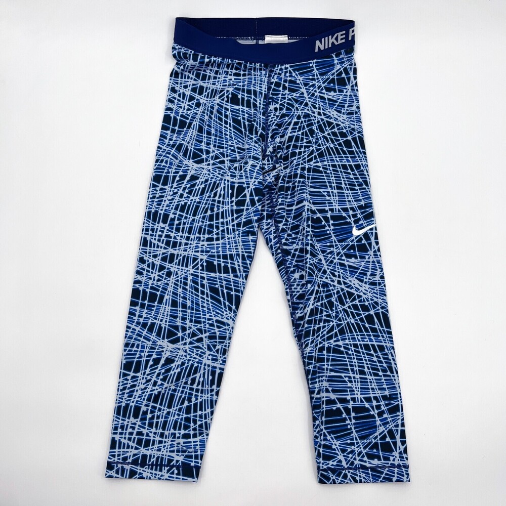 Nike Pro Leggings Womens Medium Blue White Cropped Running Workout Logo
